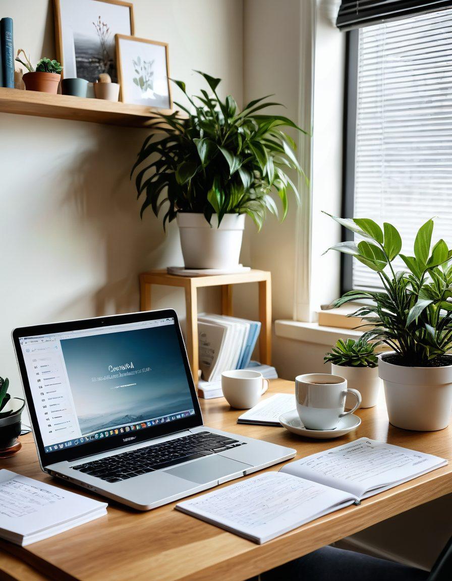 A serene workspace with a laptop open to a blog editor displaying tips for optimizing content and visibility. Surround it with books and notes, a potted plant for freshness, and a steaming coffee mug, creating an inviting atmosphere. Include subtle hints of digital graphs and analytics floating in the background to represent visibility. Soft lighting enhances the calming vibe. super-realistic. soft colors. cozy atmosphere.