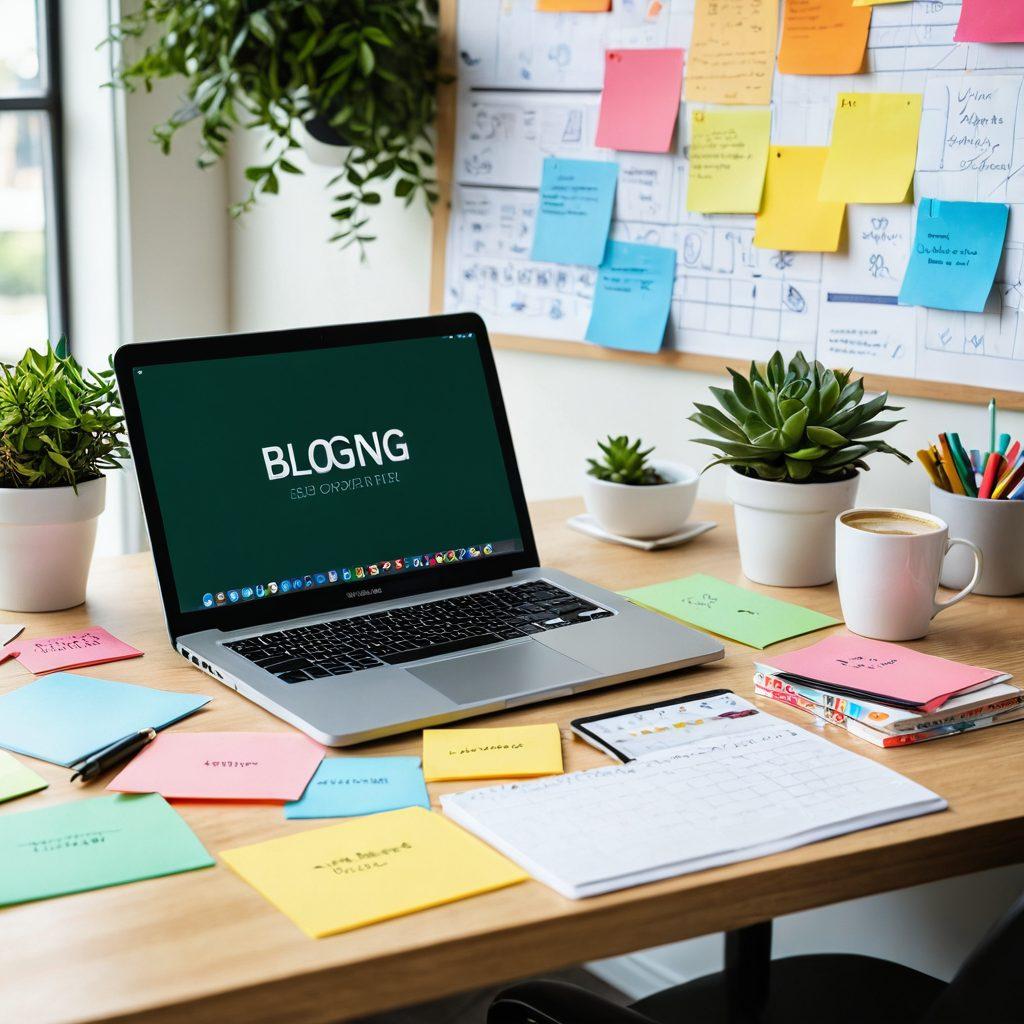 A visually engaging workspace featuring a laptop displaying a blog platform, surrounded by colorful sticky notes with SEO keywords and strategies. Include elements like a coffee cup, digital tablets, and a plant for a fresh vibe. The background should have inspiring quotes and diagrams related to blogging and SEO, creating a sense of creativity and productivity. vibrant colors. modern flat design.